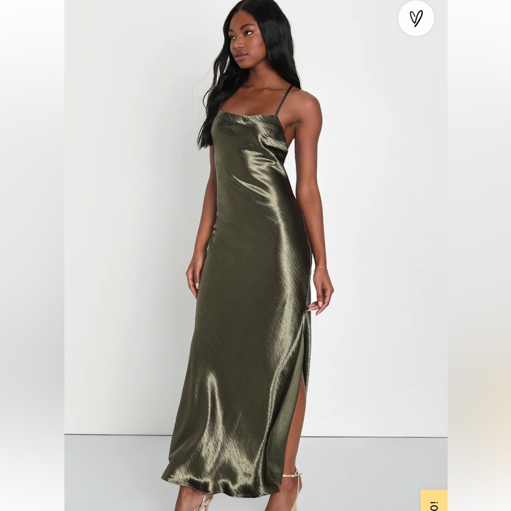 Lulus Devine Celebration Olive Green Satin Lace Up Maxi Dress
